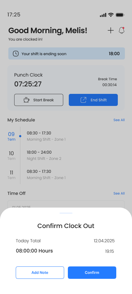 Attendia mobile clock-in confirmation