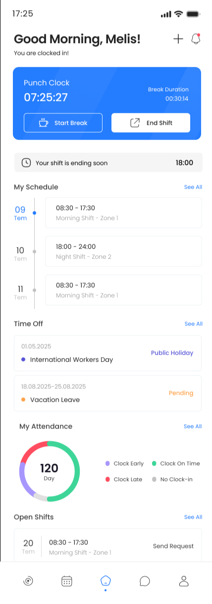 Attendia mobile employee app home dashboard